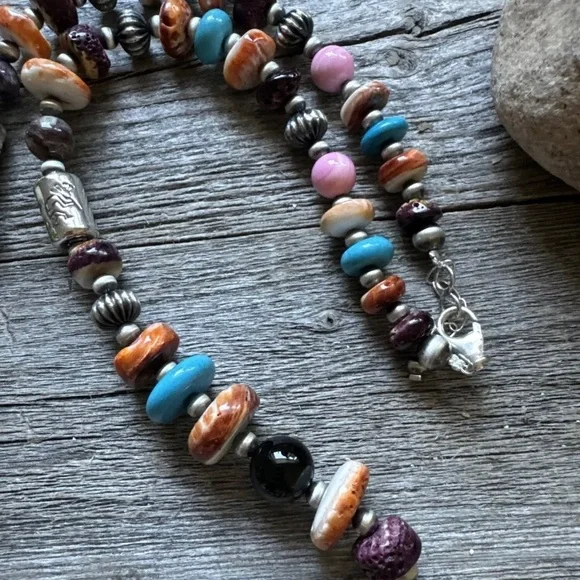 Southwestern 925 Sterling Silver Multi Gem Stone W Pearls Bead Necklace. 26 inch